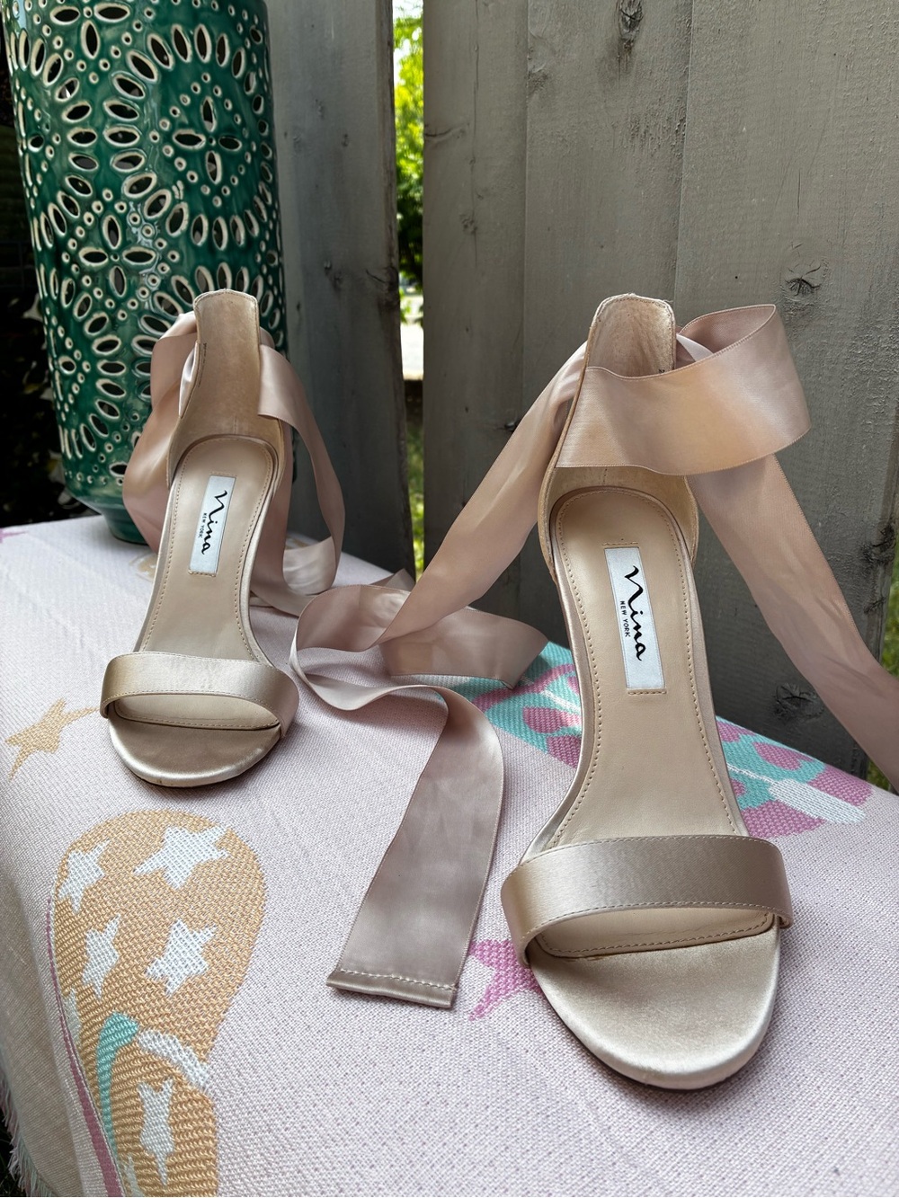 Nina Satin Ankle-Tie Heels in Blush Champagne